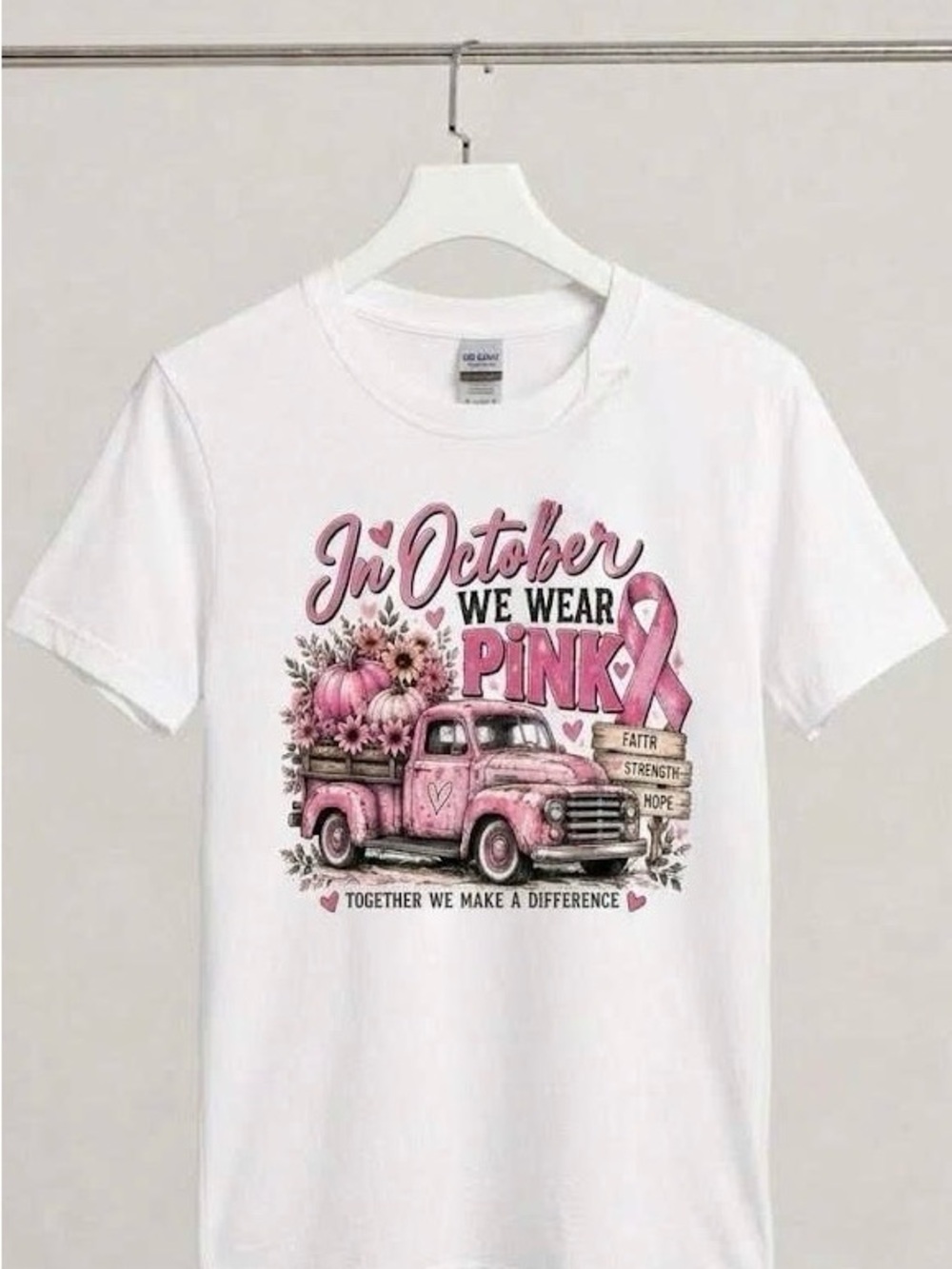 Pink Truck Fall Pumpkin Breast Cancer Awareness T-Shirt In October We Wear Pink